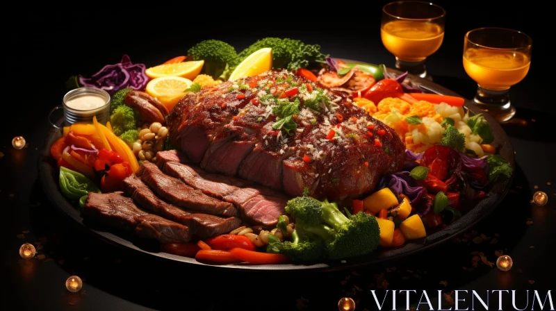 AI ART Delicious Roasted Beef Tenderloin with Vegetables and Wine