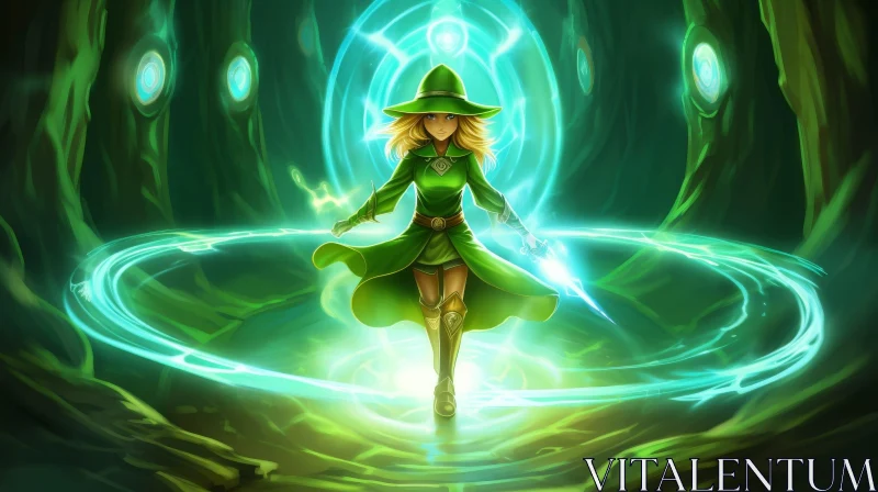 Enigmatic Fantasy Woman in Green Hat - Digital Painting AI Image