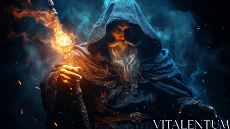 Enigmatic Wizard with Flaming Staff AI Image
