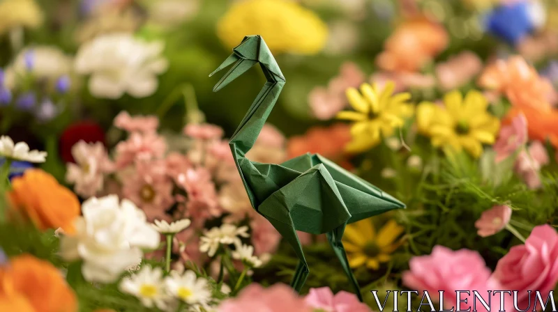 Green Origami Bird in Flower Meadow - Captivating Nature Art AI Image