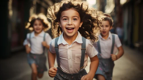 Joyful Children Running Down City Street