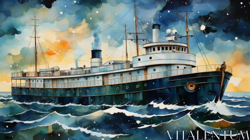 Majestic Ship Painting on Stormy Sea AI Image