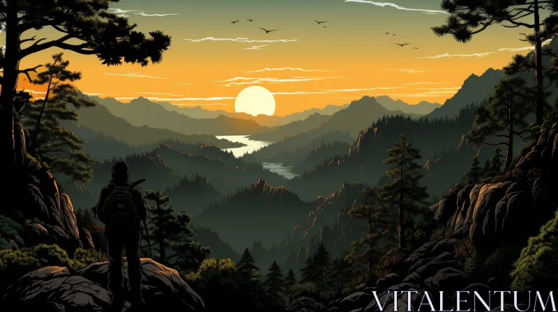 AI ART Mountain Sunset Landscape with Hiker at Dusk