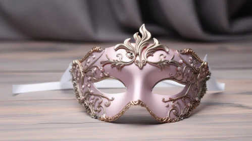 Pink and Gold Venetian Mask on Wooden Table