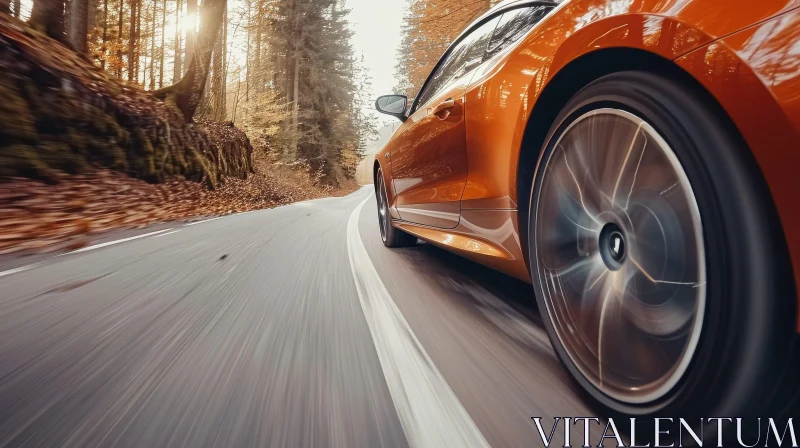 Speeding Orange Sports Car in Forest Scene AI Image