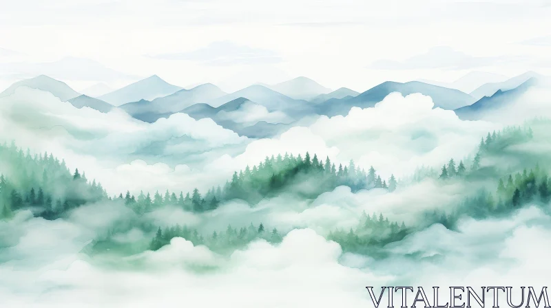 Tranquil Mountain Landscape Watercolor Painting AI Image