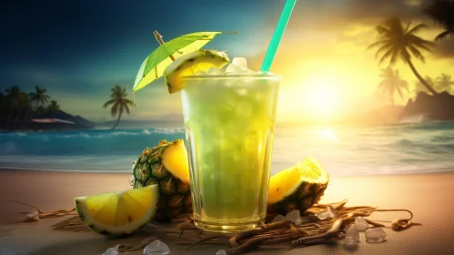 Tropical Beach Sunset with Pineapple Juice Glass