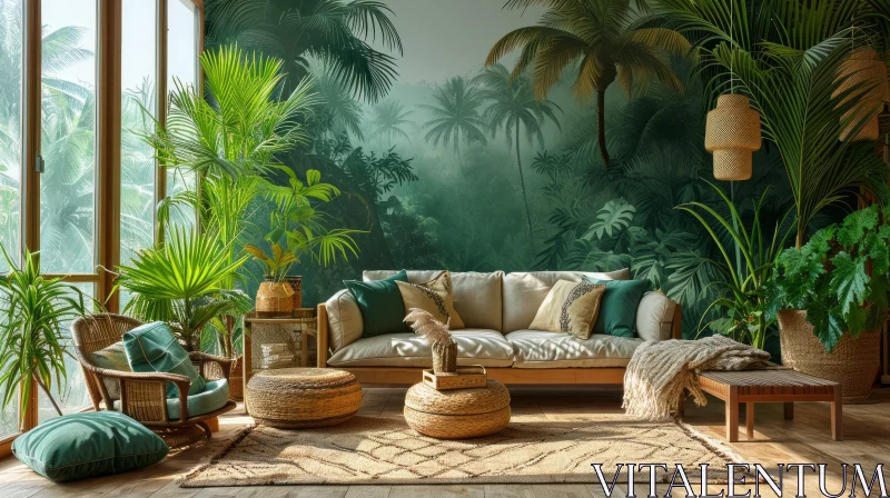 Tropical-Themed Living Room with Green Jungle Mural AI Image