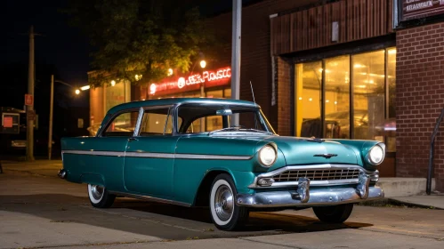 Vintage 1950s Plymouth on City Street at Night