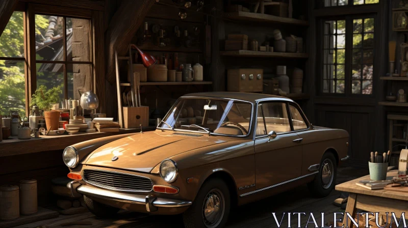 Vintage Brown Car in Cozy Wooden Garage AI Image