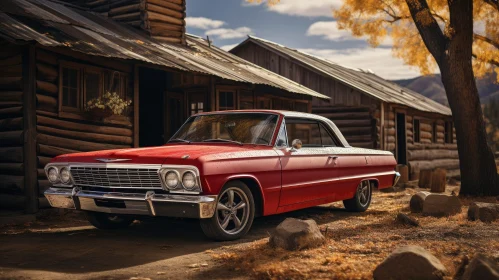 Vintage Red Chevrolet Impala in Front of Rustic Wooden House