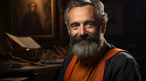 Warm Smile: Bearded Man Portrait in Dimly Lit Setting