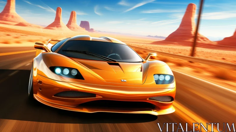 Yellow Sports Car Racing Through Desert Landscape AI Image