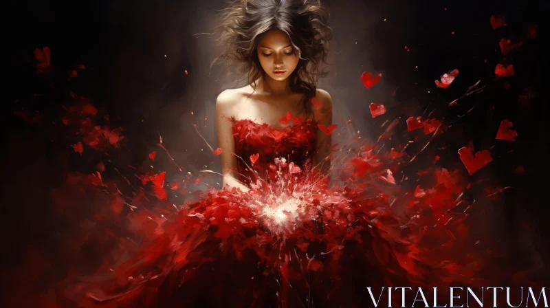 Young Woman in Red Dress Painting | Serenity and Grace AI Image