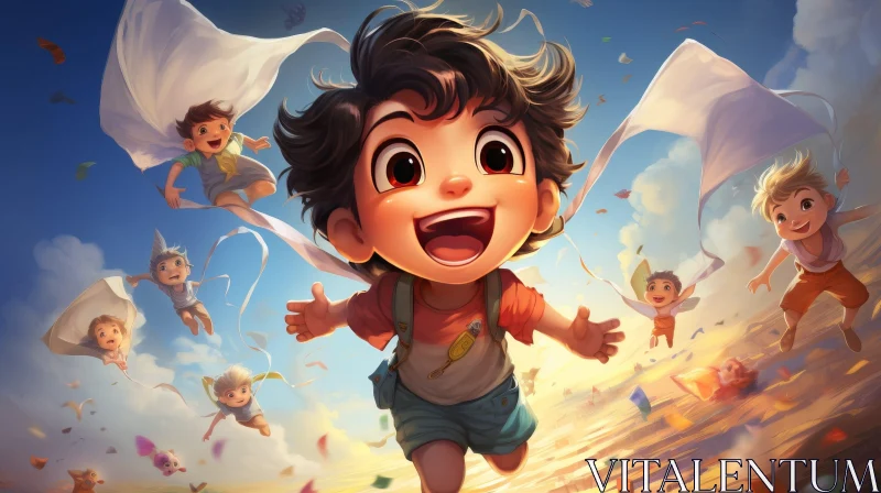 Cheerful Cartoon Boy Running with Friends AI Image