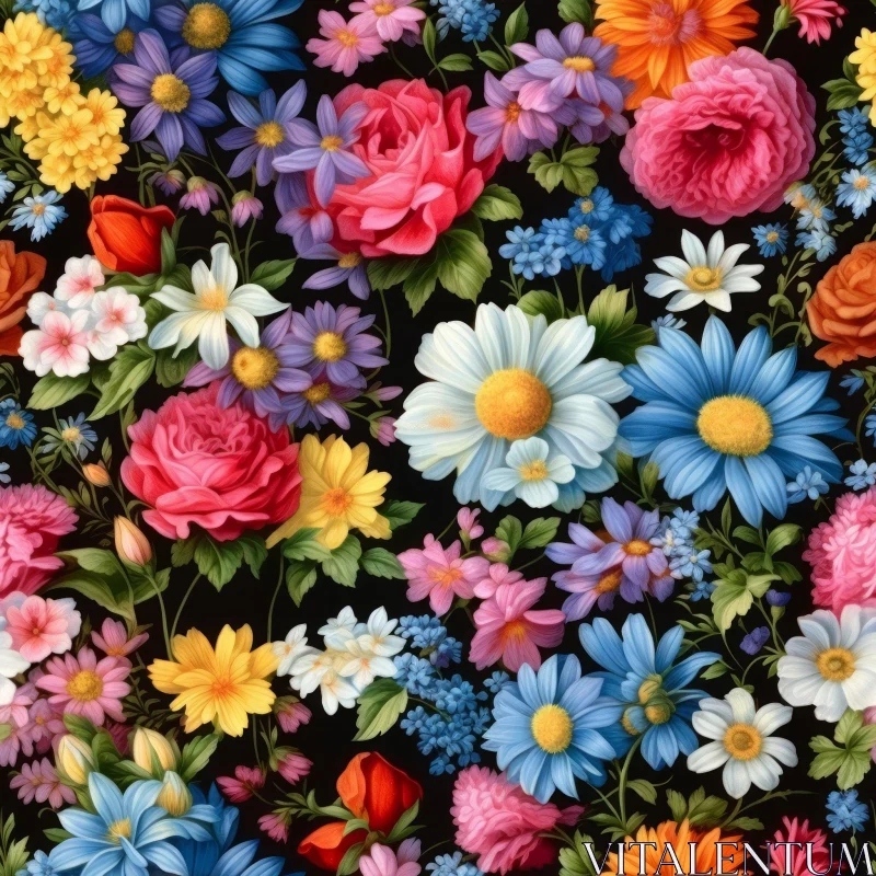 Colorful Floral Pattern on Black Background AI Image