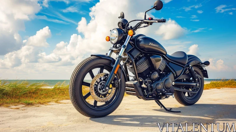 Custom Black Motorcycle on Sandy Beach AI Image