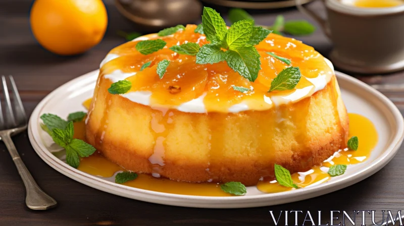 Delicious Cake with Orange Glaze and Mint Leaves AI Image