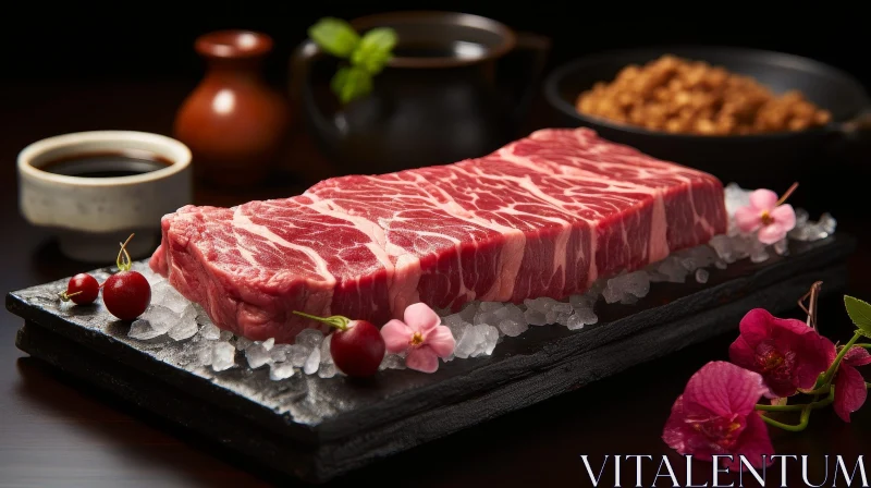 AI ART Delicious Raw Steak on Black Cutting Board