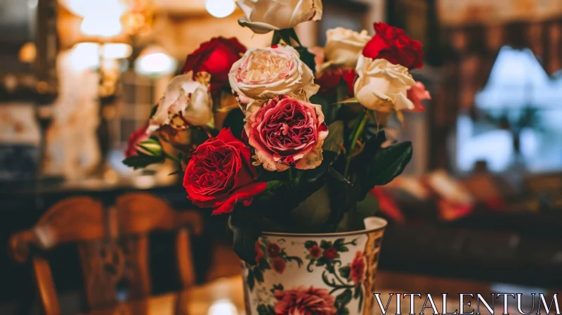 AI ART Elegant Still Life: Vase of Roses on Wooden Table