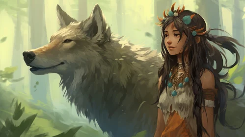 Enchanting Digital Fantasy Artwork of Woman and Wolf