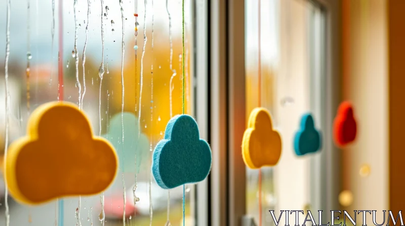Enchanting Raindrop Window with Colorful Felt Clouds AI Image