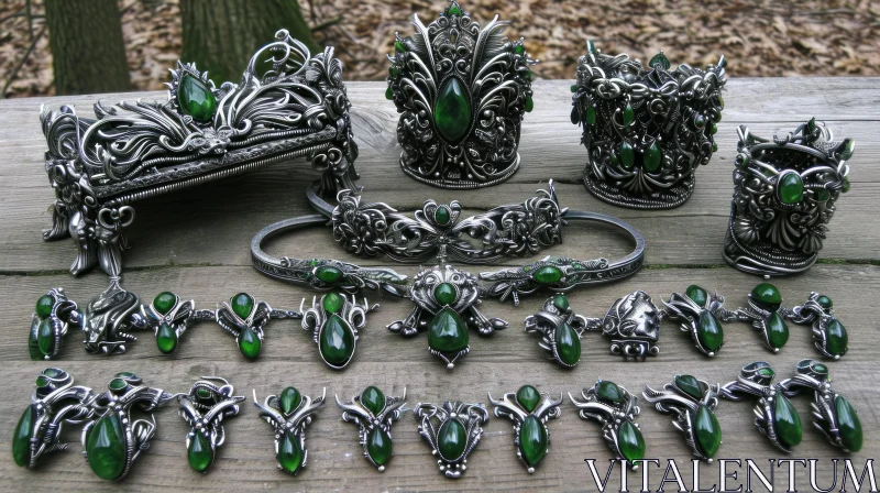 Exquisite Silver and Green Jewelry Collection on Wooden Table AI Image