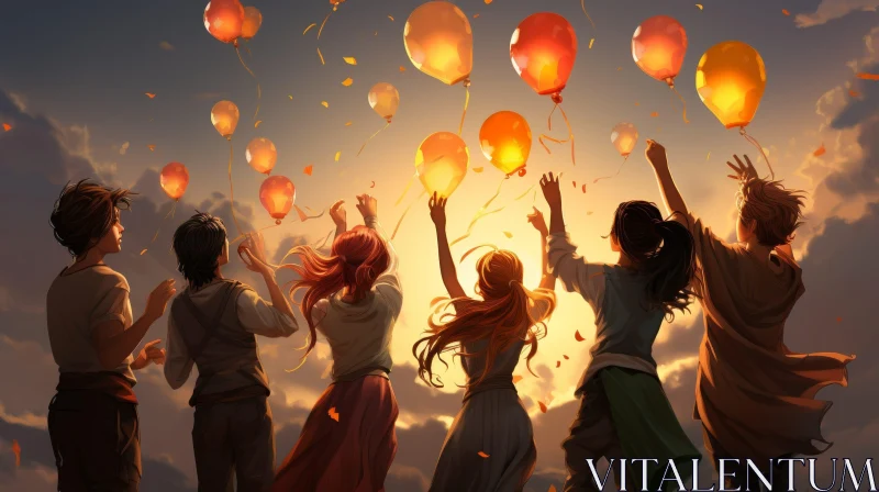 Friends Releasing Colorful Balloons at Sunset AI Image
