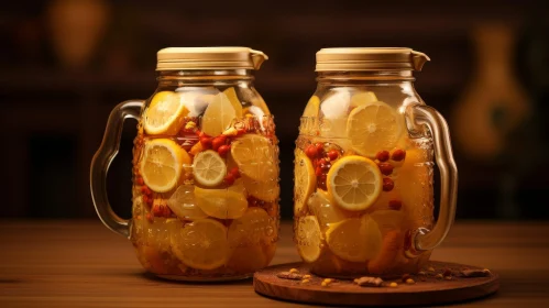 Glass Jars with Lemon Slices and Red Berries on Wooden Table