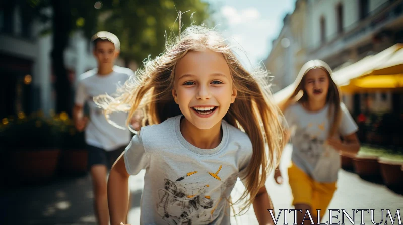 Joyful Children Running Down City Street AI Image
