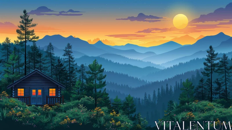 Mountain Cabin Sunset Landscape AI Image