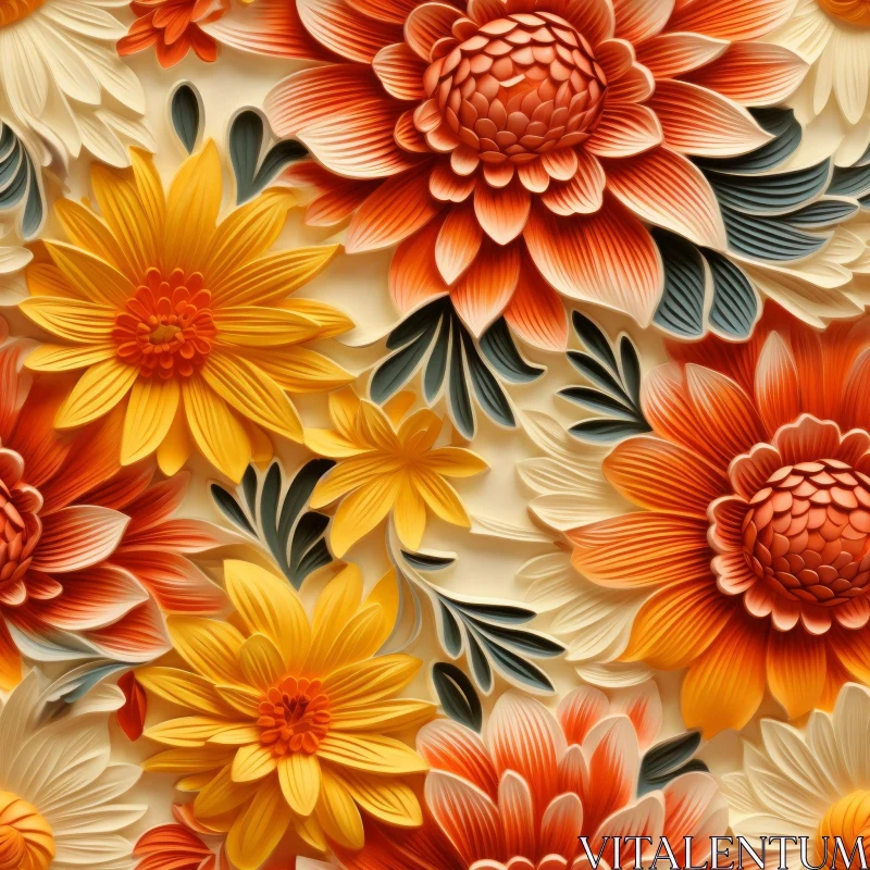 Orange and Yellow Floral Pattern on Cream Background AI Image