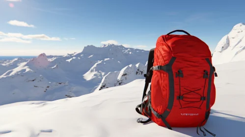 Red Backpack on Snowy Mountain - Adventure Landscape View