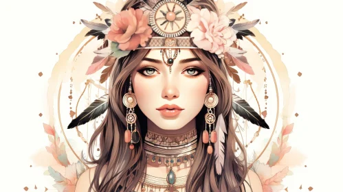 Serene Portrait of a Young Woman with Native American Headdress