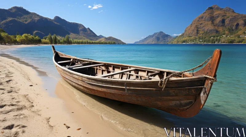 AI ART Tranquil Scene: Old Wooden Boat on Lake Shore