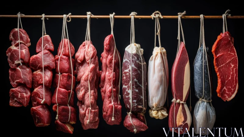 Variety of Meat Cuts Displayed on Wooden Pole AI Image