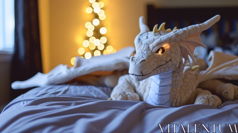 Whimsical Stuffed Animal Dragon on Blue Bedspread AI Image