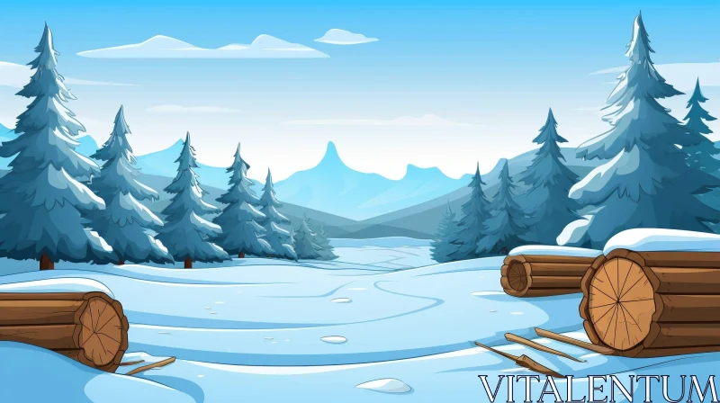 AI ART Winter Landscape with Snow-Covered Pine Trees and Mountains