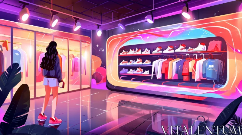 AI ART Woman in a Futuristic Clothing Store: Digital Painting