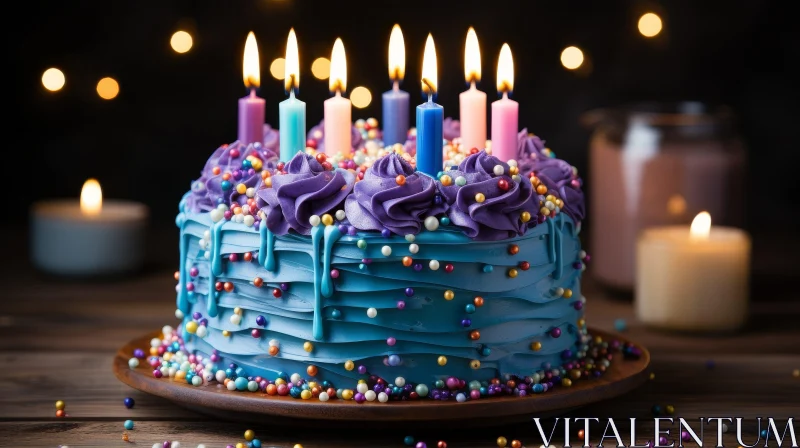Birthday Cake with Blue Frosting and Rainbow Sprinkles AI Image