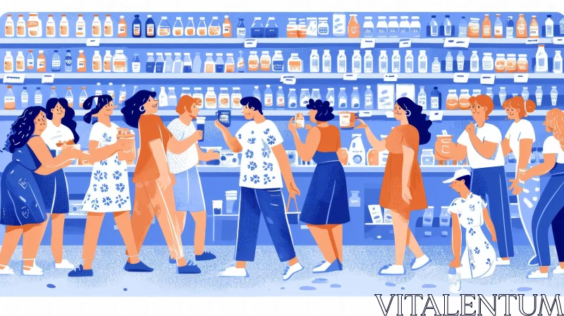 Cheerful Cartoon Illustration of a Grocery Store with People Shopping for Food AI Image