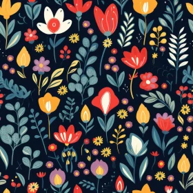 Colorful Floral Seamless Pattern on Dark Blue Background