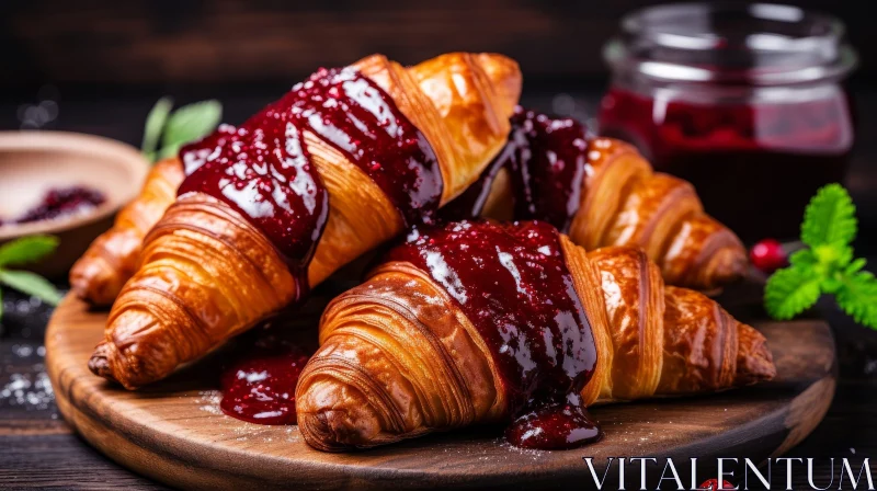 Delicious Croissants with Red Berry Jam on Wooden Table AI Image