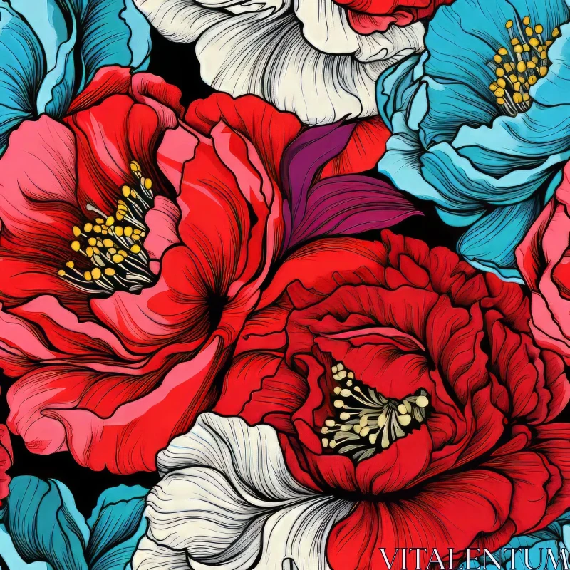 Detailed Floral Pattern in Red, Blue, and White AI Image