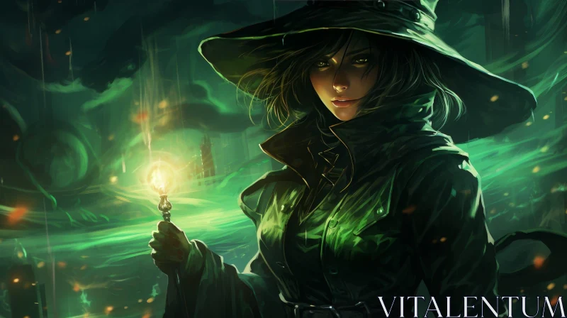 Enigmatic Digital Painting of a Woman in Green Hat and Coat AI Image