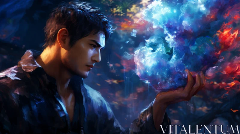 AI ART Enigmatic Digital Painting of Young Man with Blue Orb