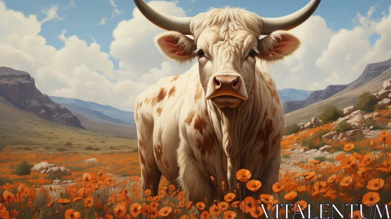 Highland Cow Painting in Field with Mountain Range Background AI Image