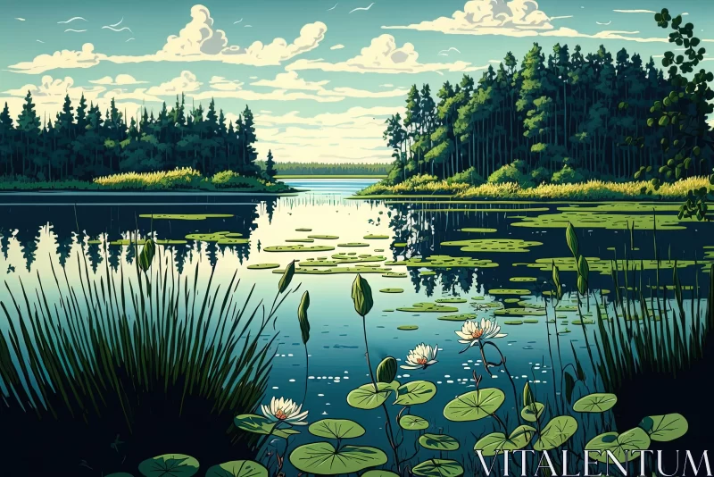 Serene Lake with Water Lilies - Intensely Detailed Illustration AI Image
