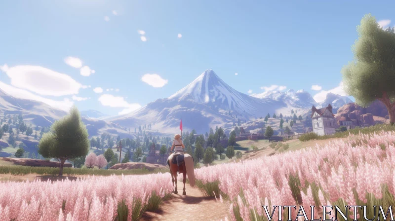 Serene Valley Landscape with Pink Flowers and Mountain View AI Image
