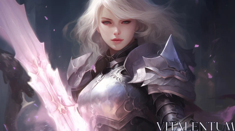 Silver Armored Woman with Sword Portrait AI Image